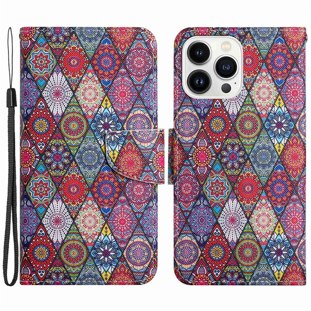 iPhone 14 Pro Wallet-Hülle – Musterdruck, mit Ständer & Riemen