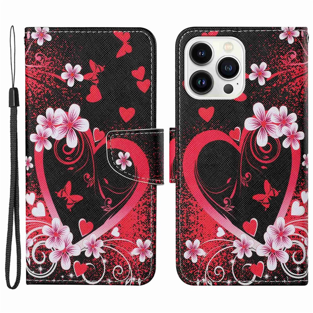 iPhone 14 Pro Wallet-Hülle – Musterdruck, mit Ständer & Riemen