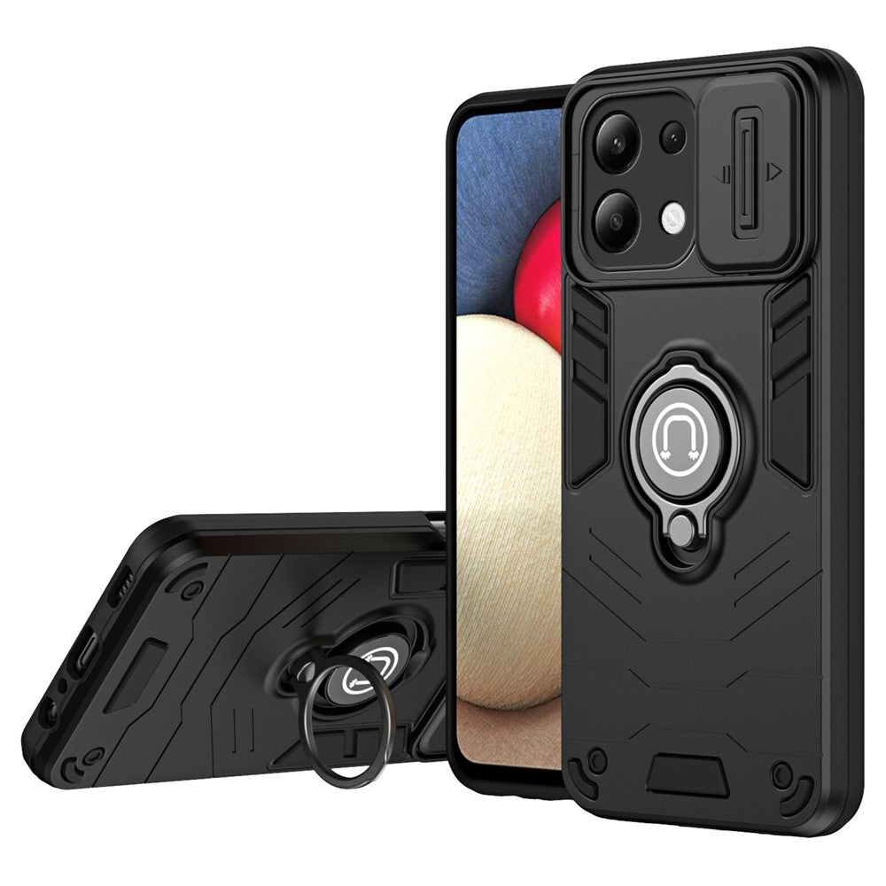 For Xiaomi Redmi Note 13 4G Case Slide Lens Lid Anti-Fall Phone Cover with Ring Kickstand
