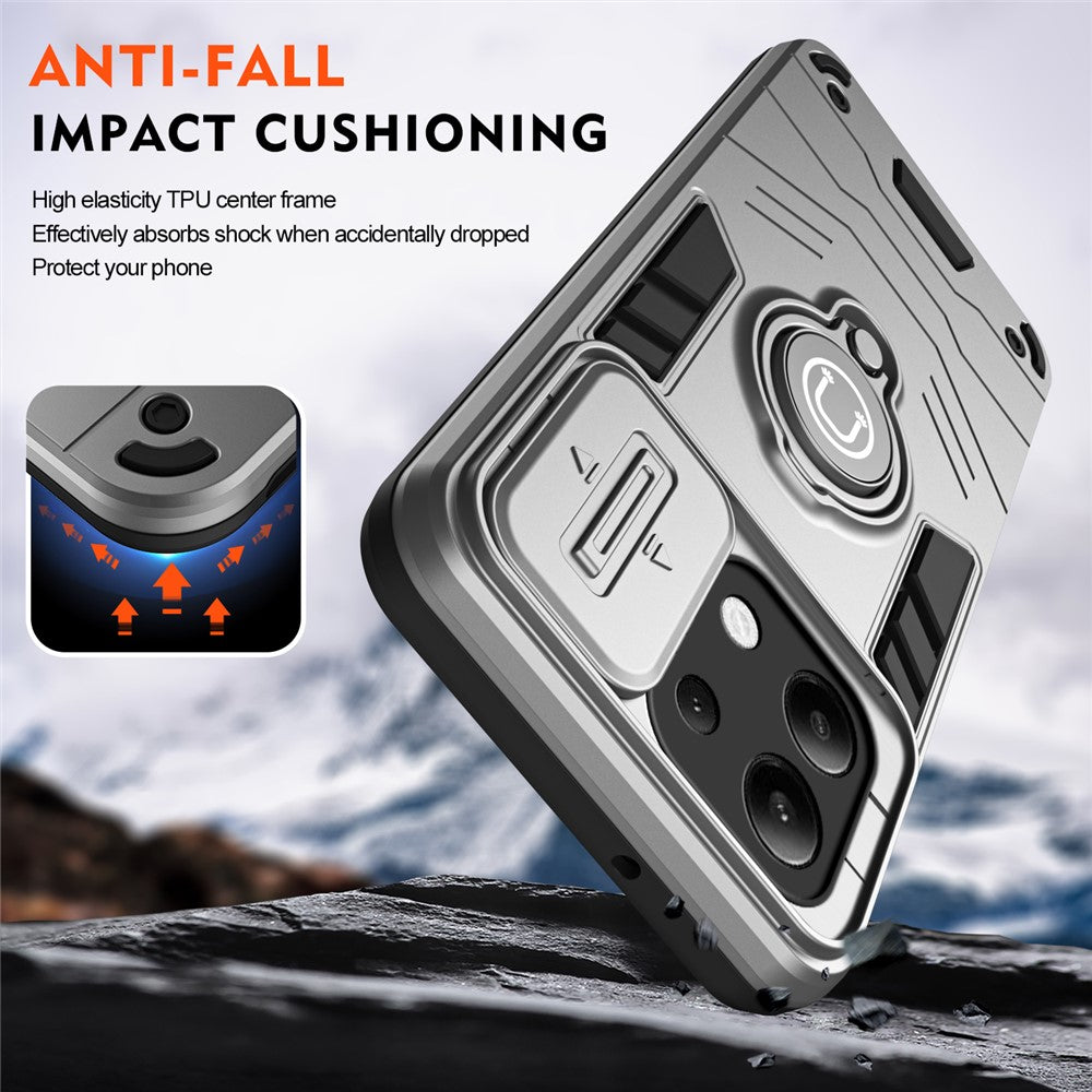 For Xiaomi Redmi Note 13 4G Case Slide Lens Lid Anti-Fall Phone Cover with Ring Kickstand