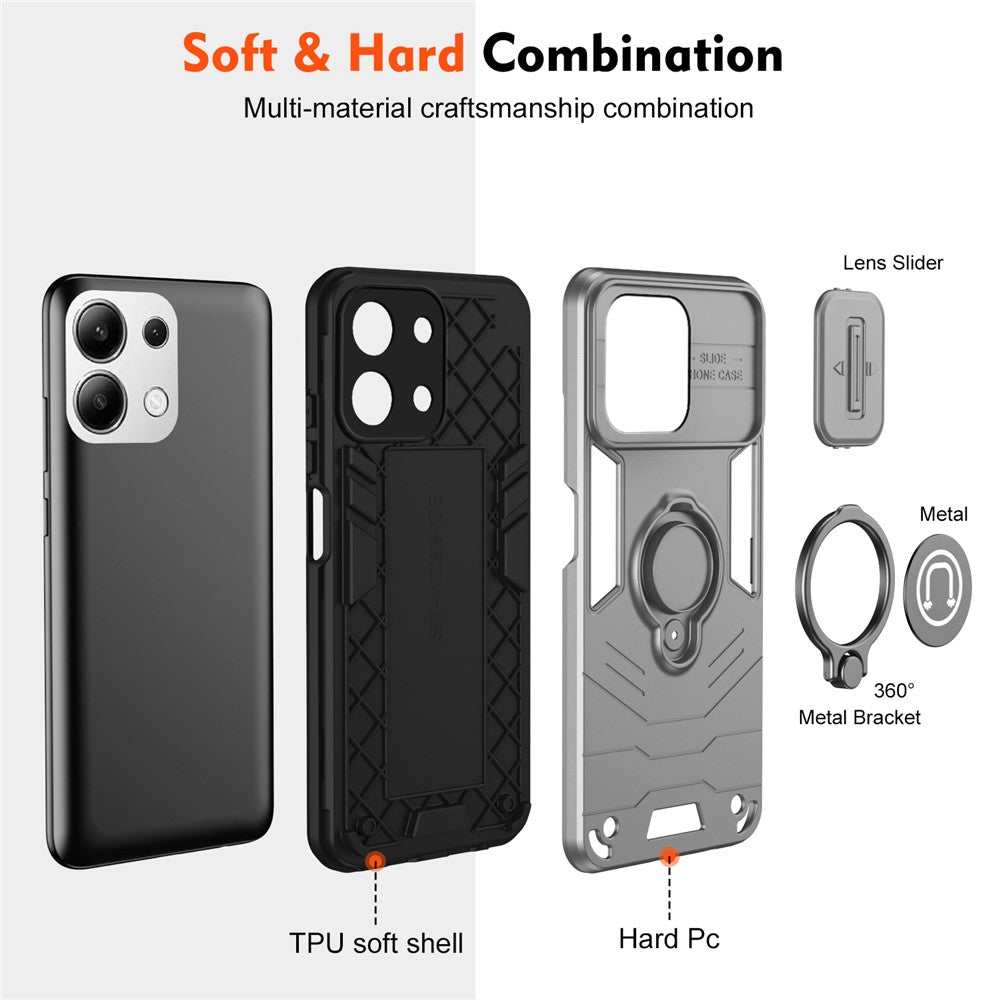 For Xiaomi Redmi Note 13 4G Case Slide Lens Lid Anti-Fall Phone Cover with Ring Kickstand