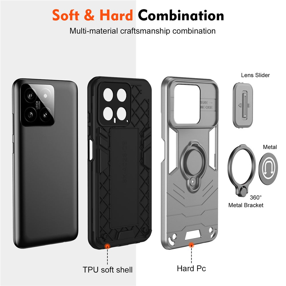 For Xiaomi 14 Case Slide Lens Lid   Cell Phone Cover with Ring Kickstand