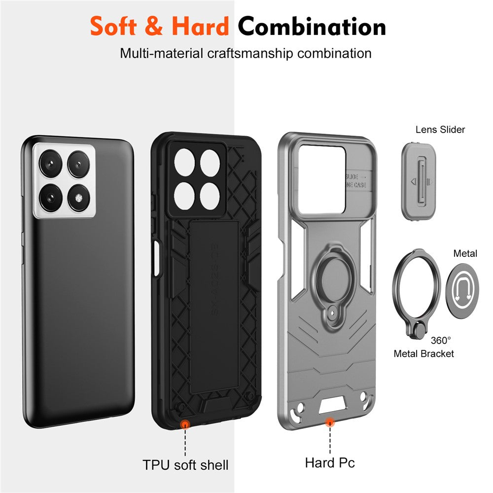 For Xiaomi Poco X6 Pro 5G / Redmi K70E 5G Case Slide Camera Lid PC+TPU Ring Kickstand Phone Cover
