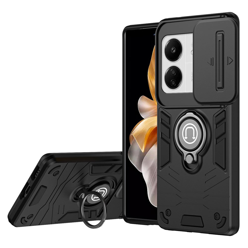 For Xiaomi Poco M6 5G / Poco C65 4G / Redmi 13C 4G / 13C 5G / 13R 5G Case Slide Lens Lid Anti-Fall Phone Cover with Ring Kickstand