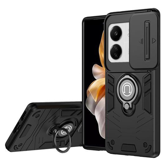 For Xiaomi Poco M6 5G / Poco C65 4G / Redmi 13C 4G / 13C 5G / 13R 5G Case Slide Lens Lid Anti-Fall Phone Cover with Ring Kickstand