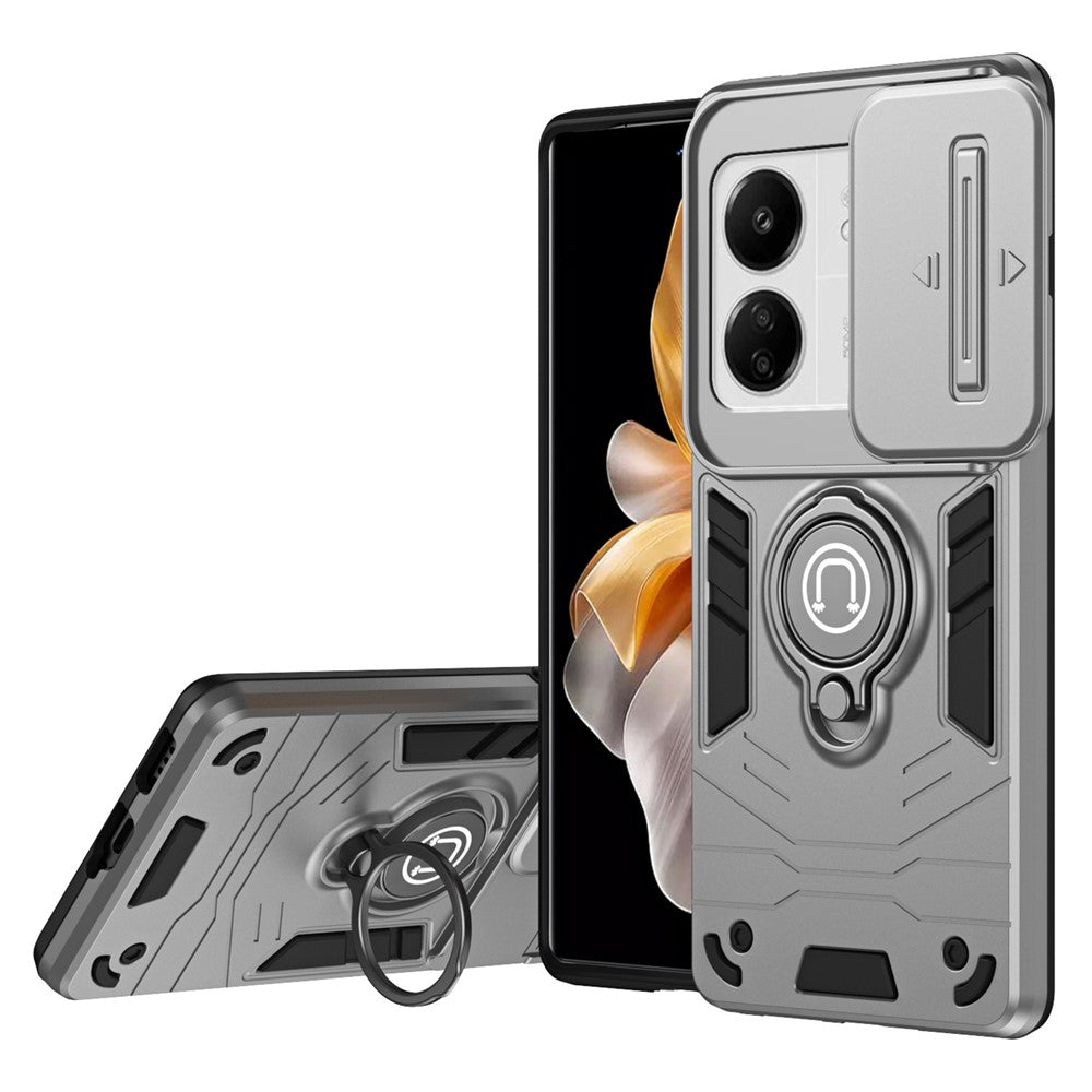 For Xiaomi Poco M6 5G / Poco C65 4G / Redmi 13C 4G / 13C 5G / 13R 5G Case Slide Lens Lid Anti-Fall Phone Cover with Ring Kickstand