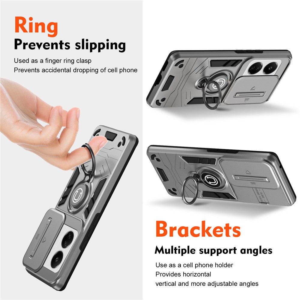 For Xiaomi Poco M6 5G / Poco C65 4G / Redmi 13C 4G / 13C 5G / 13R 5G Case Slide Lens Lid Anti-Fall Phone Cover with Ring Kickstand