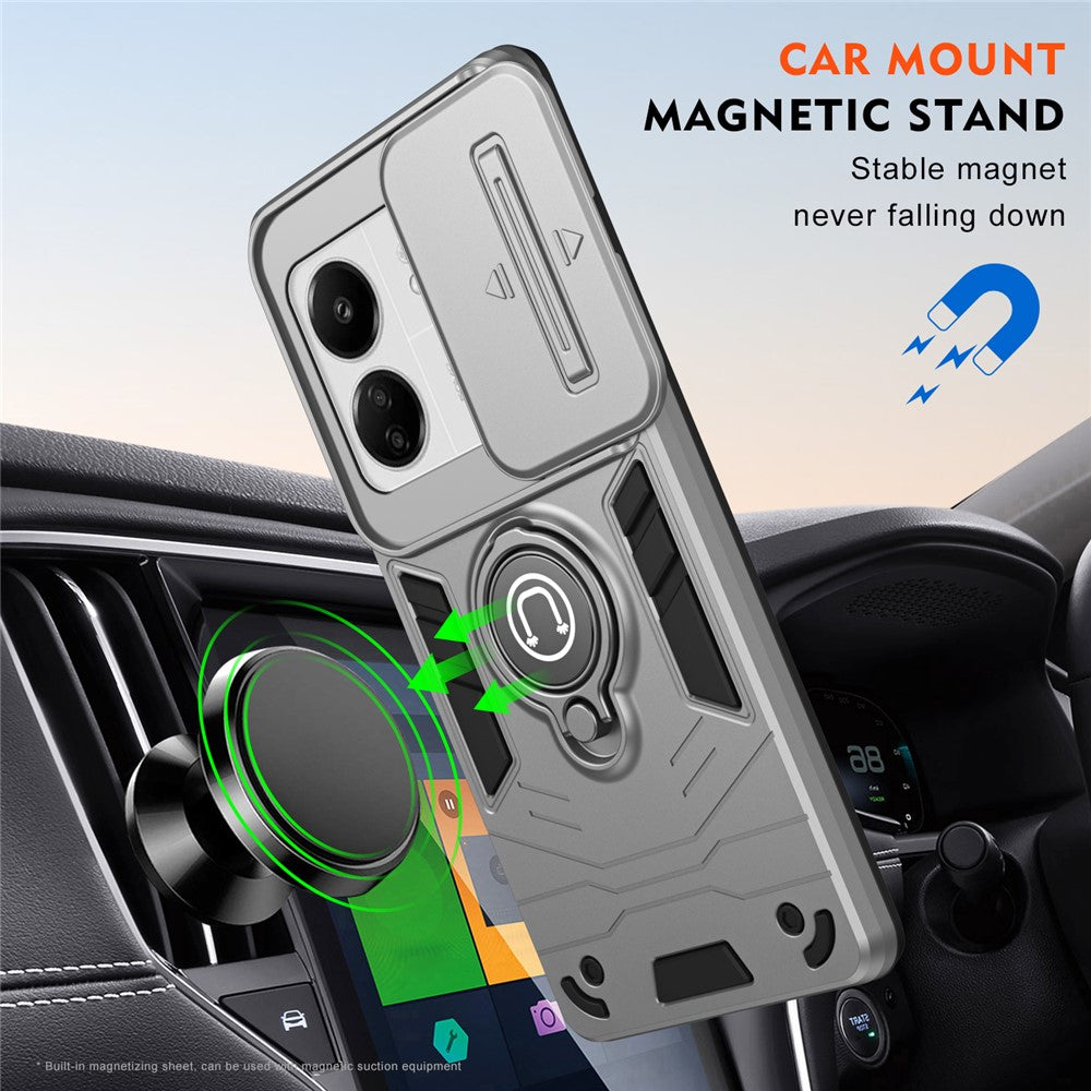 For Xiaomi Poco M6 5G / Poco C65 4G / Redmi 13C 4G / 13C 5G / 13R 5G Case Slide Lens Lid Anti-Fall Phone Cover with Ring Kickstand