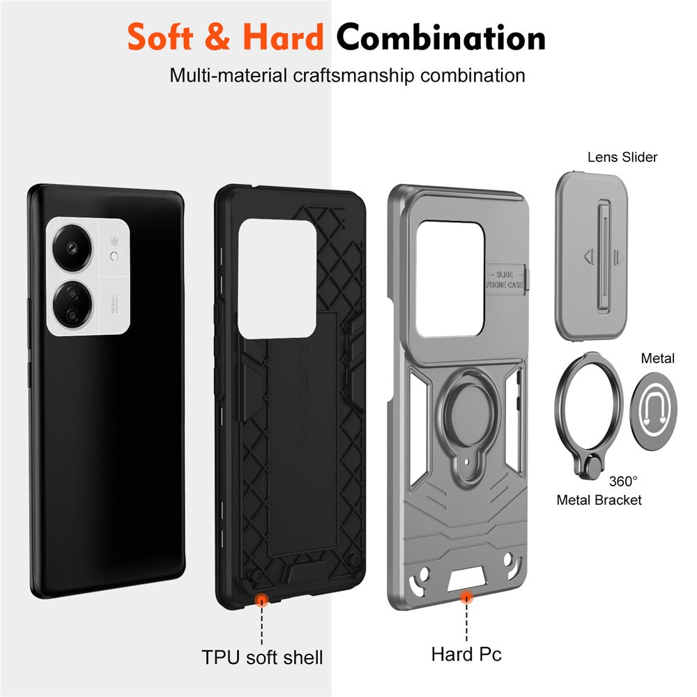 For Xiaomi Poco M6 5G / Poco C65 4G / Redmi 13C 4G / 13C 5G / 13R 5G Case Slide Lens Lid Anti-Fall Phone Cover with Ring Kickstand