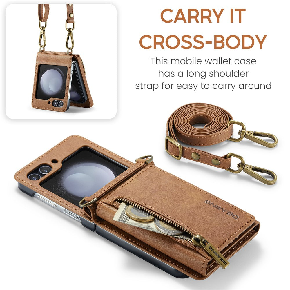 DG.MING M5 Series for Samsung Galaxy Z Flip5 5G Case Kickstand Zipper Wallet Leather+PC Phone Cover