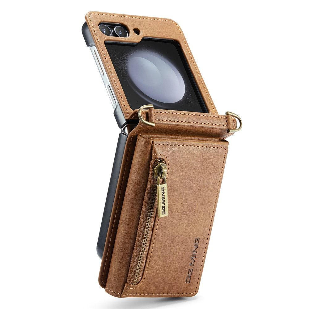 DG.MING M5 Series for Samsung Galaxy Z Flip5 5G Case Kickstand Zipper Wallet Leather+PC Phone Cover