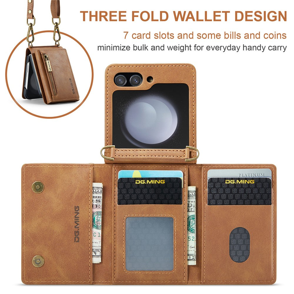 DG.MING M5 Series for Samsung Galaxy Z Flip5 5G Case Kickstand Zipper Wallet Leather+PC Phone Cover
