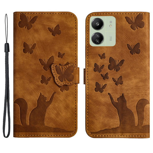 For Xiaomi Redmi 13C 4G / 5G / 13R 5G / Poco M6 5G / Poco C65 4G Case Cat Butterfly Imprinted Leather Magnetic Clasp Phone Cover