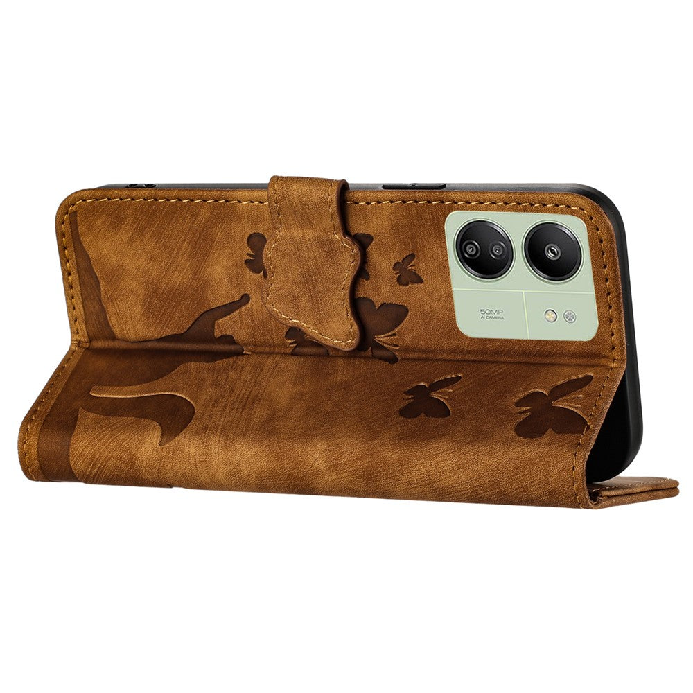 For Xiaomi Redmi 13C 4G / 5G / 13R 5G / Poco M6 5G / Poco C65 4G Case Cat Butterfly Imprinted Leather Magnetic Clasp Phone Cover