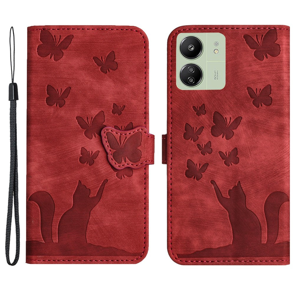 For Xiaomi Redmi 13C 4G / 5G / 13R 5G / Poco M6 5G / Poco C65 4G Case Cat Butterfly Imprinted Leather Magnetic Clasp Phone Cover