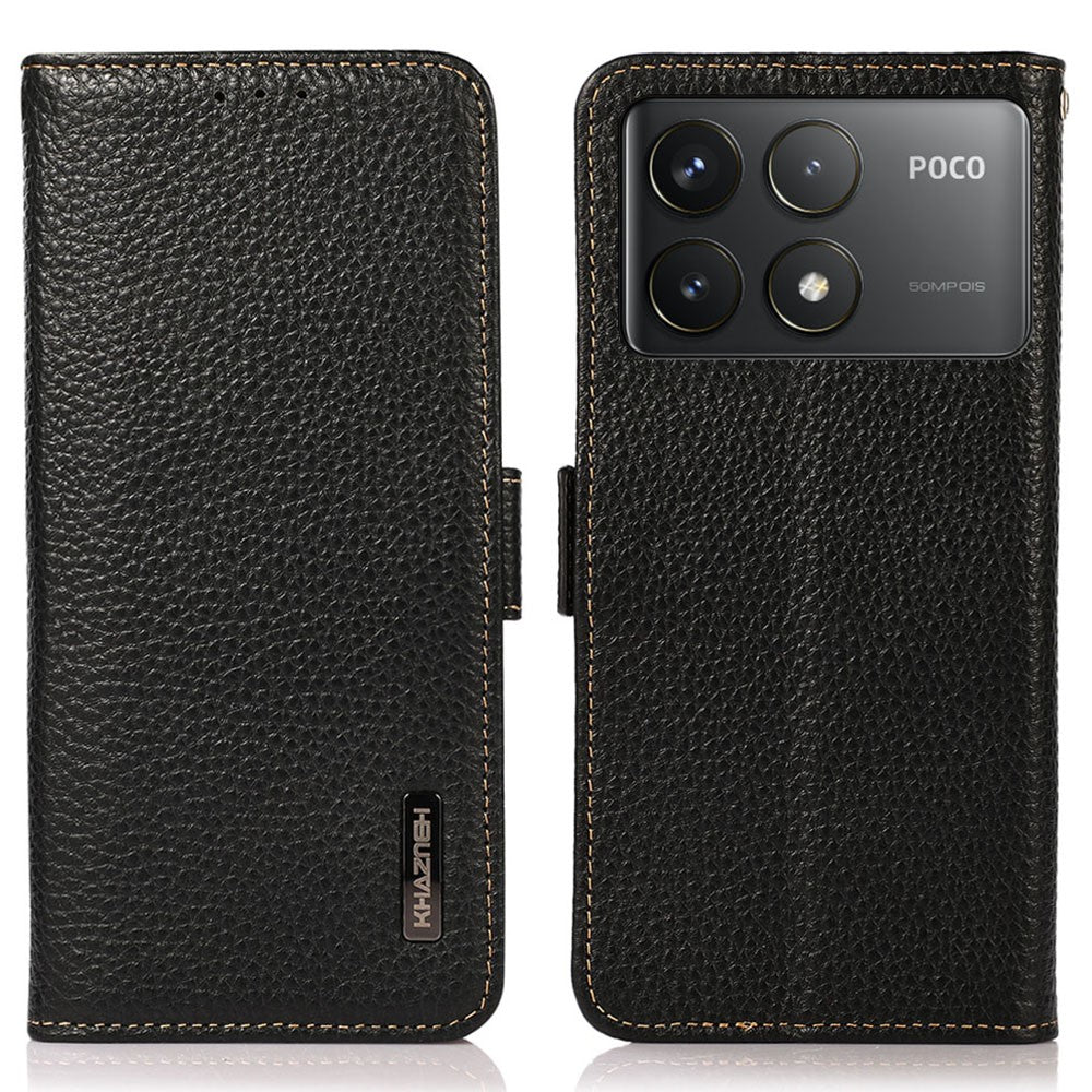 KHAZNEH For Xiaomi Poco F6 Pro 5G / Redmi K70 5G / K70 Pro 5G Case RFID Blocking Genuine Cow Leather Cover Lychee Pattern