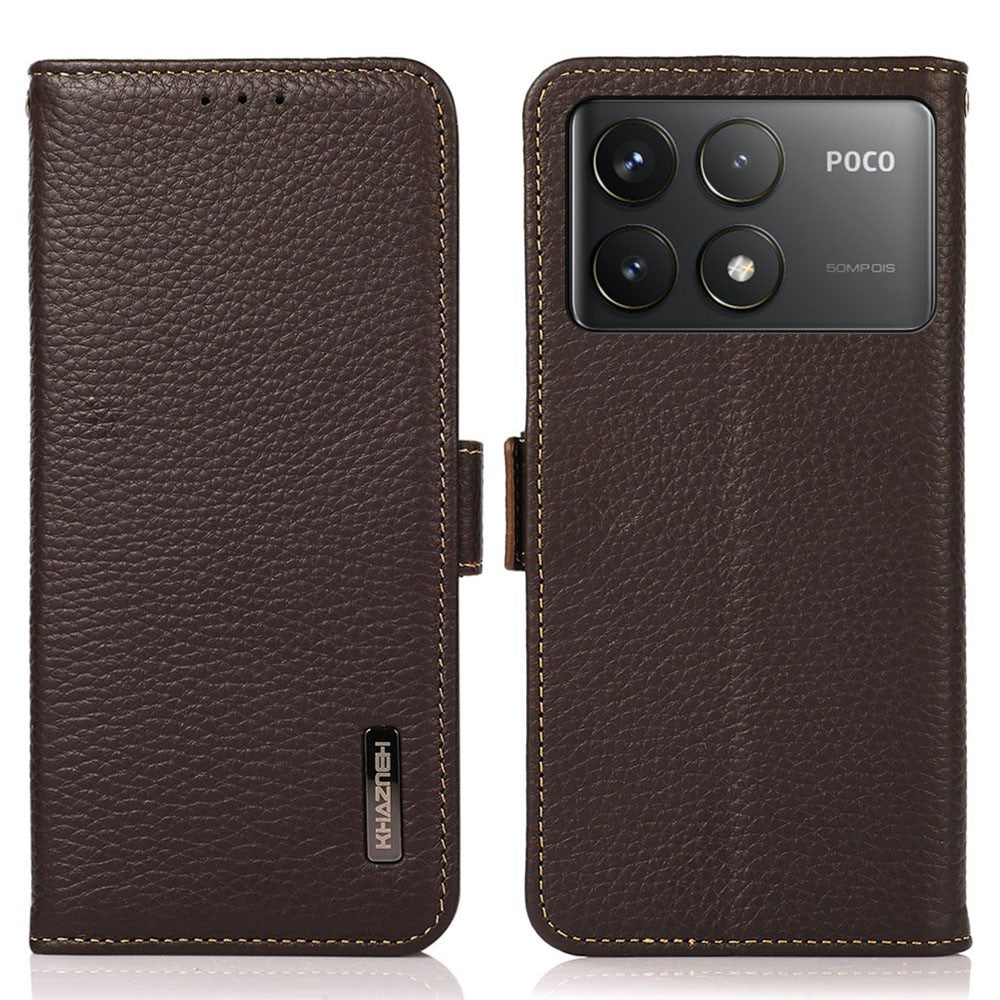 KHAZNEH For Xiaomi Poco F6 Pro 5G / Redmi K70 5G / K70 Pro 5G Case RFID Blocking Genuine Cow Leather Cover Lychee Pattern