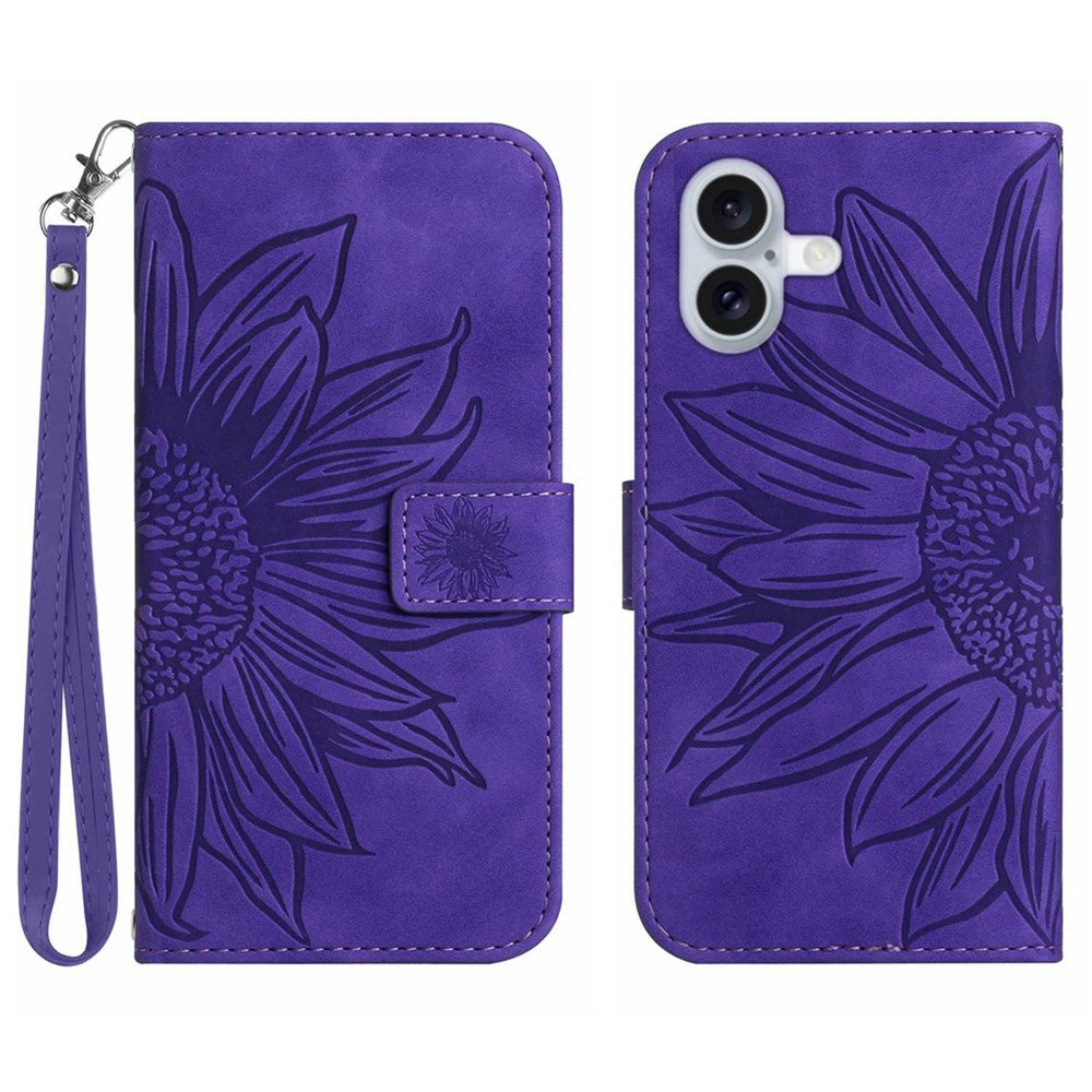 iPhone 16 Wallet-Hülle – Sonnenblume aufgedruckt, mit Ständer & Riemen