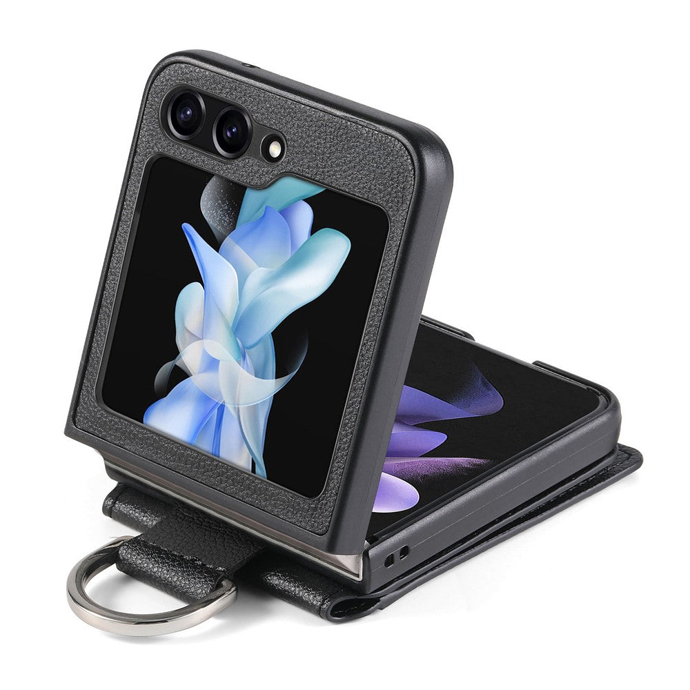 For Samsung Galaxy Z Flip7 FE 5G / Z Flip6 5G Phone Case Card Slot Kickstand PU+PC Cover with Finger Ring