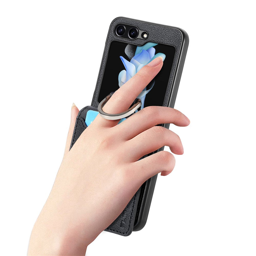 For Samsung Galaxy Z Flip7 FE 5G / Z Flip6 5G Phone Case Card Slot Kickstand PU+PC Cover with Finger Ring