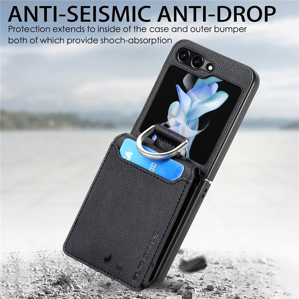 For Samsung Galaxy Z Flip7 FE 5G / Z Flip6 5G Phone Case Card Slot Kickstand PU+PC Cover with Finger Ring