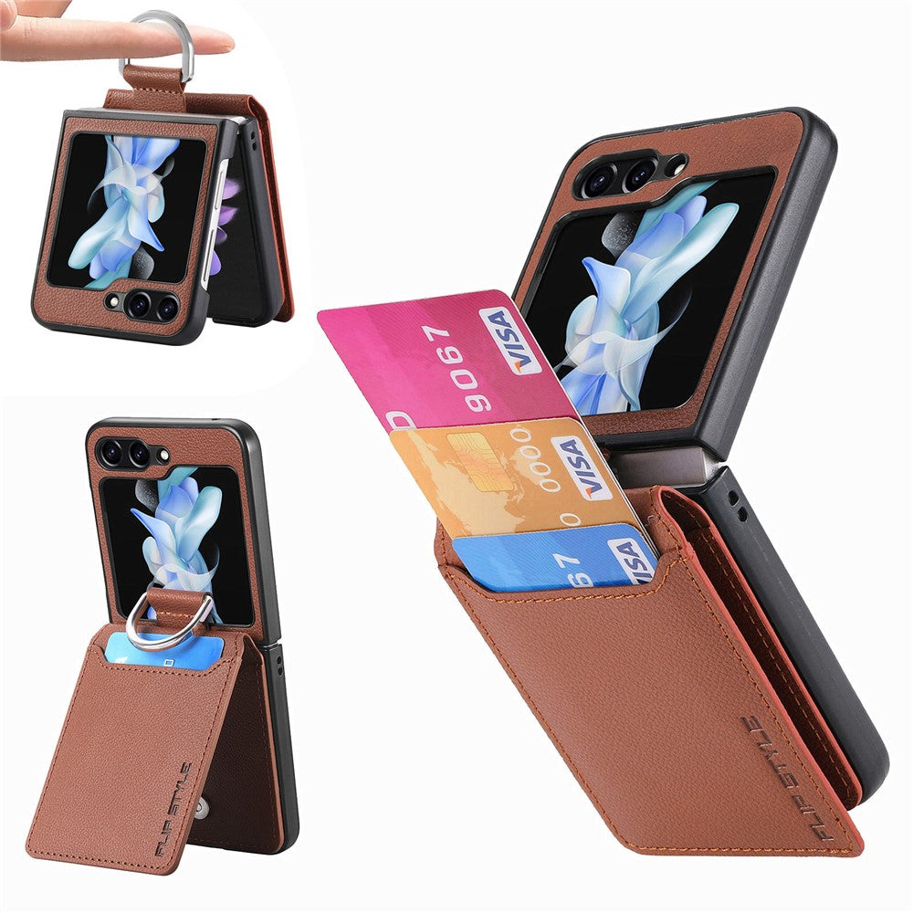 For Samsung Galaxy Z Flip7 FE 5G / Z Flip6 5G Phone Case Card Slot Kickstand PU+PC Cover with Finger Ring