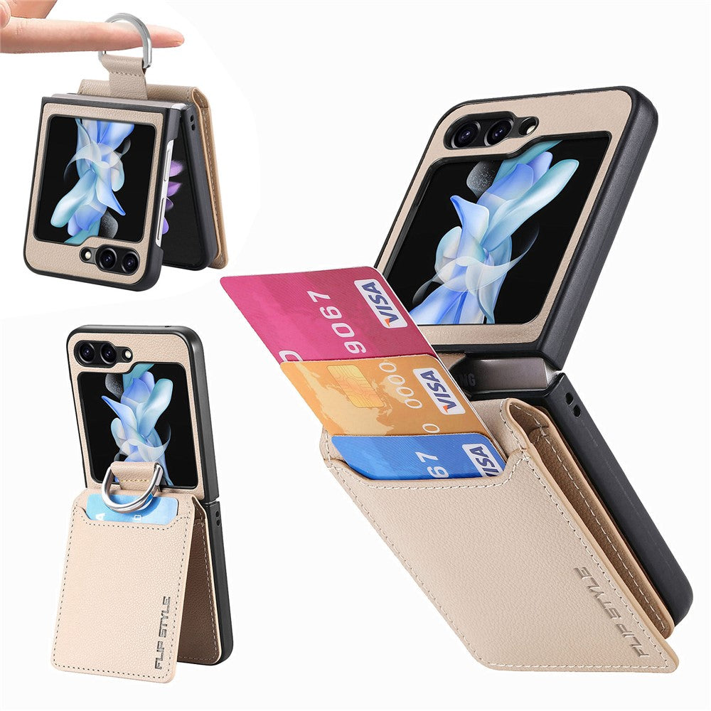 For Samsung Galaxy Z Flip7 FE 5G / Z Flip6 5G Phone Case Card Slot Kickstand PU+PC Cover with Finger Ring