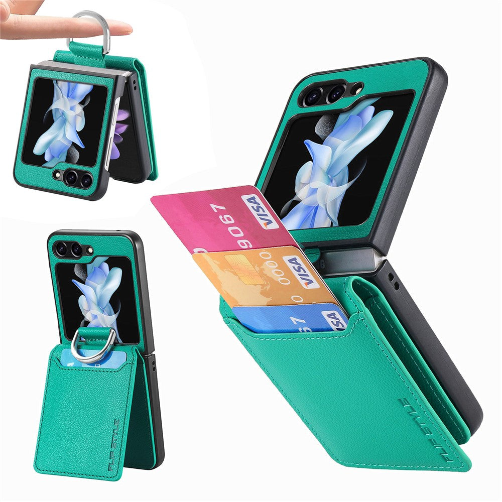 For Samsung Galaxy Z Flip7 FE 5G / Z Flip6 5G Phone Case Card Slot Kickstand PU+PC Cover with Finger Ring
