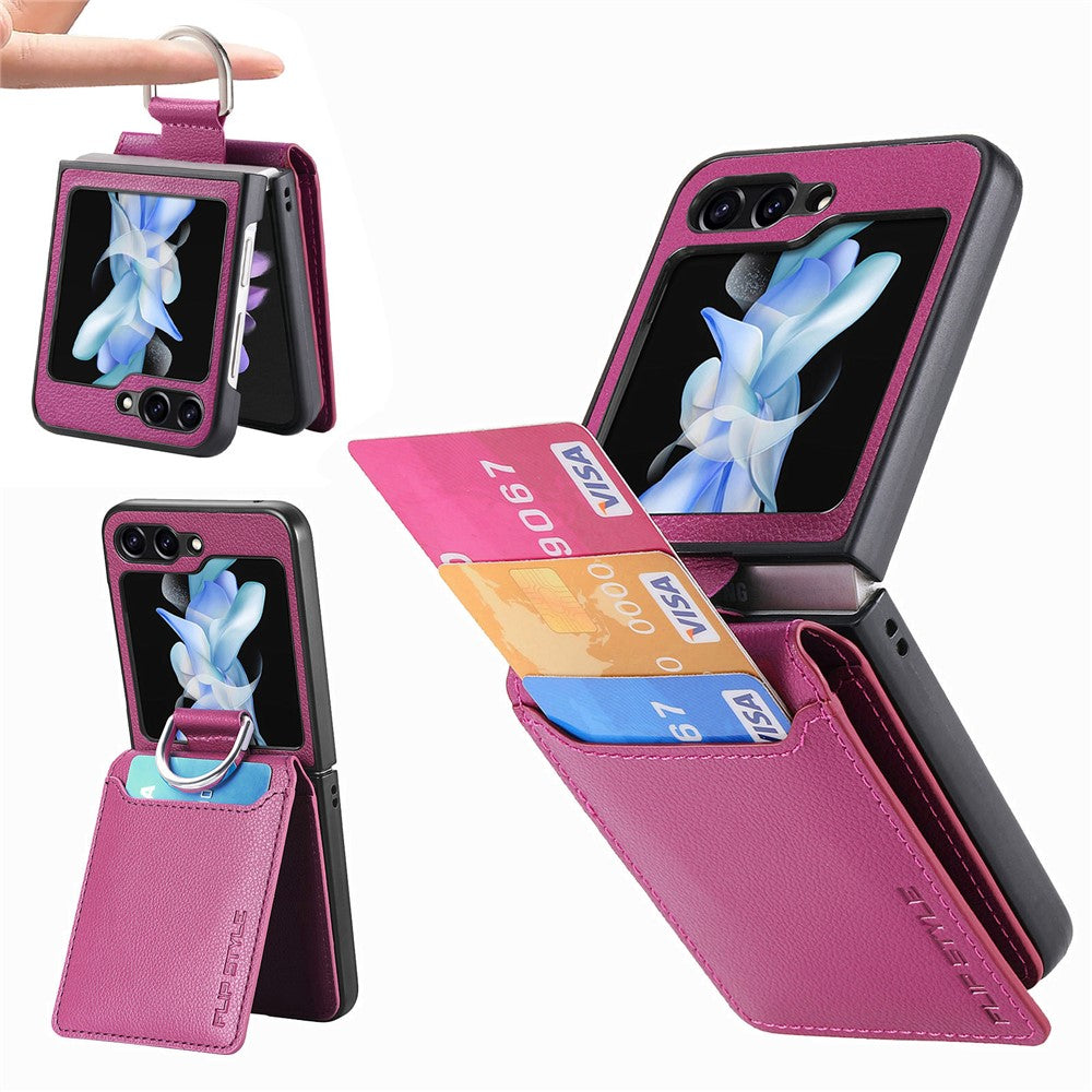 For Samsung Galaxy Z Flip7 FE 5G / Z Flip6 5G Phone Case Card Slot Kickstand PU+PC Cover with Finger Ring