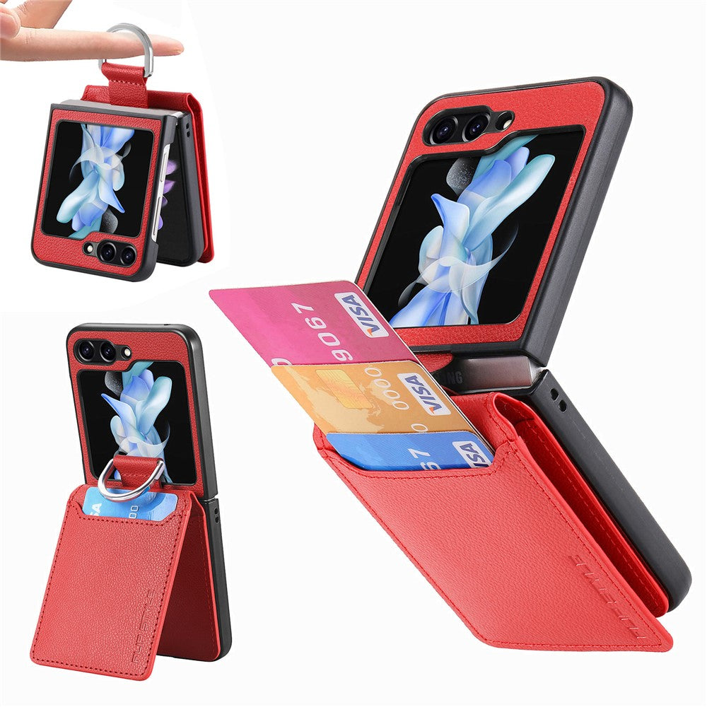For Samsung Galaxy Z Flip7 FE 5G / Z Flip6 5G Phone Case Card Slot Kickstand PU+PC Cover with Finger Ring