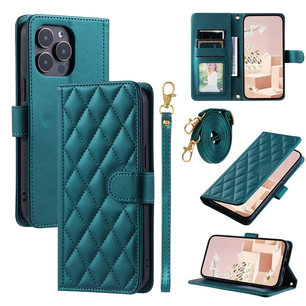 iPhone 16 Pro Max Wallet-Hülle – Rautenmuster mit Geldbörsenfunktion & Riemen