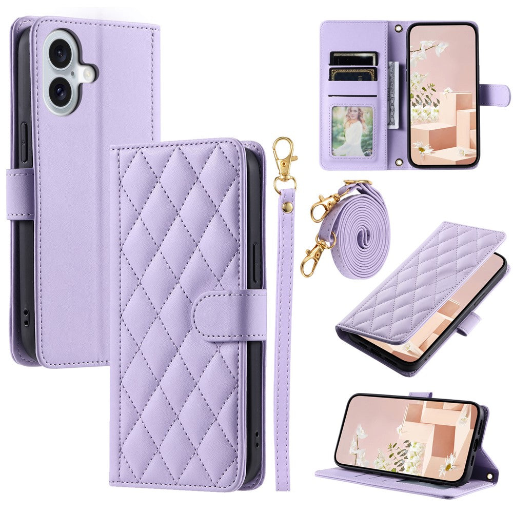 iPhone 16 Plus Wallet-Hülle – Rautenmuster mit Geldbörsenfunktion & Riemen
