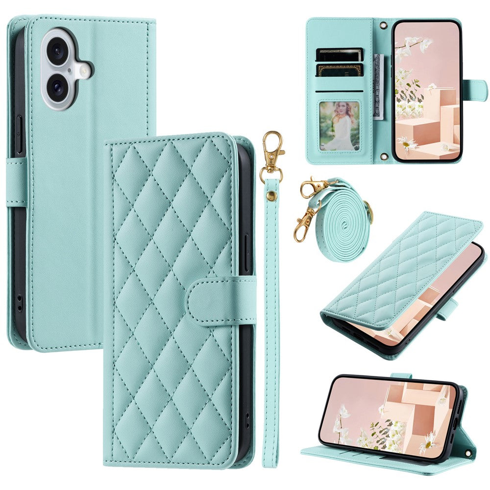 iPhone 16 Plus Wallet-Hülle – Rautenmuster mit Geldbörsenfunktion & Riemen