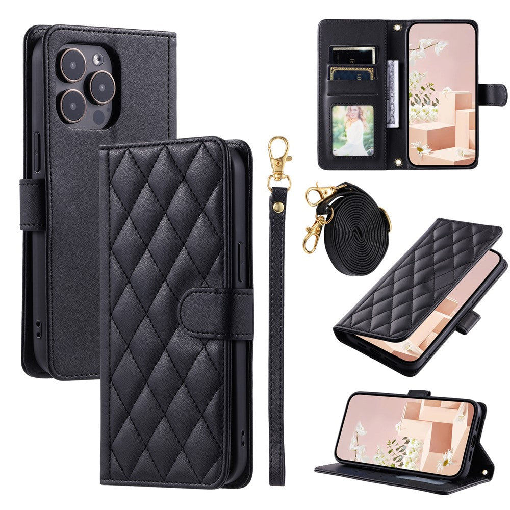 iPhone 16 Pro Wallet-Hülle – Rautenmuster mit Geldbörsenfunktion & Riemen