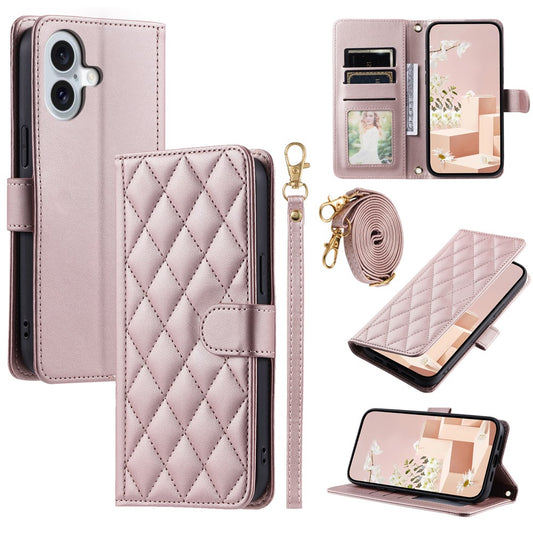 iPhone 16 Wallet-Hülle – Rautenmuster mit Geldbörsenfunktion & Riemen