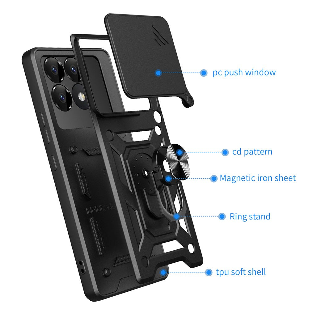 For Xiaomi Poco F6 Pro 5G / Redmi K70 5G / K70 Pro 5G Case PC+TPU Kickstand Phone Shell with Slide Camera Lid