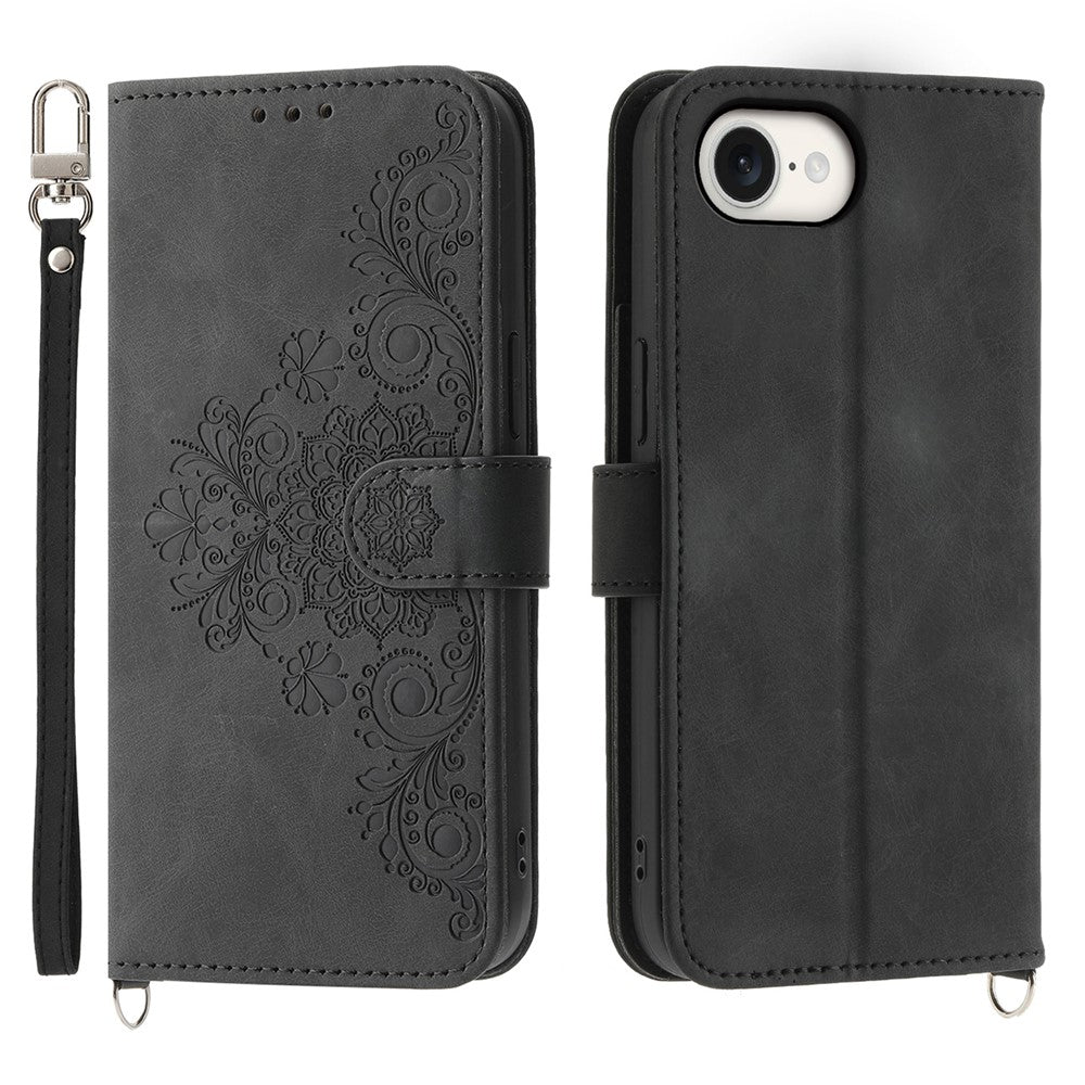 For iPhone 17e / 16e Leather Case Multiple Card Slots Phone Cover with 2 Straps