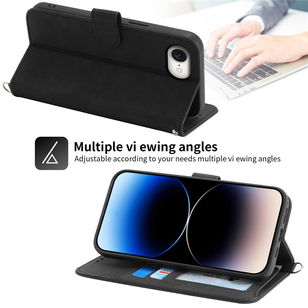 For iPhone 17e / 16e Leather Case Multiple Card Slots Phone Cover with 2 Straps