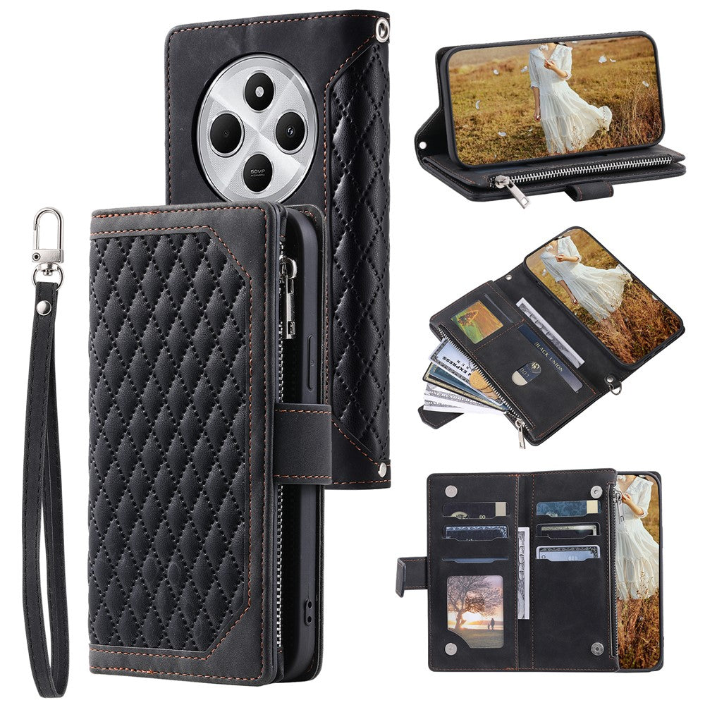 Style 005 For Xiaomi Poco C75 4G / Redmi 14R 5G / 14C 4G Zipper Wallet Case Rhombus Stitching Line PU Leather Phone Cover