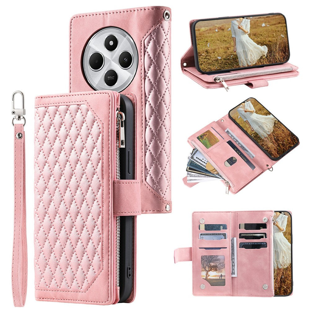 Style 005 For Xiaomi Poco C75 4G / Redmi 14R 5G / 14C 4G Zipper Wallet Case Rhombus Stitching Line PU Leather Phone Cover