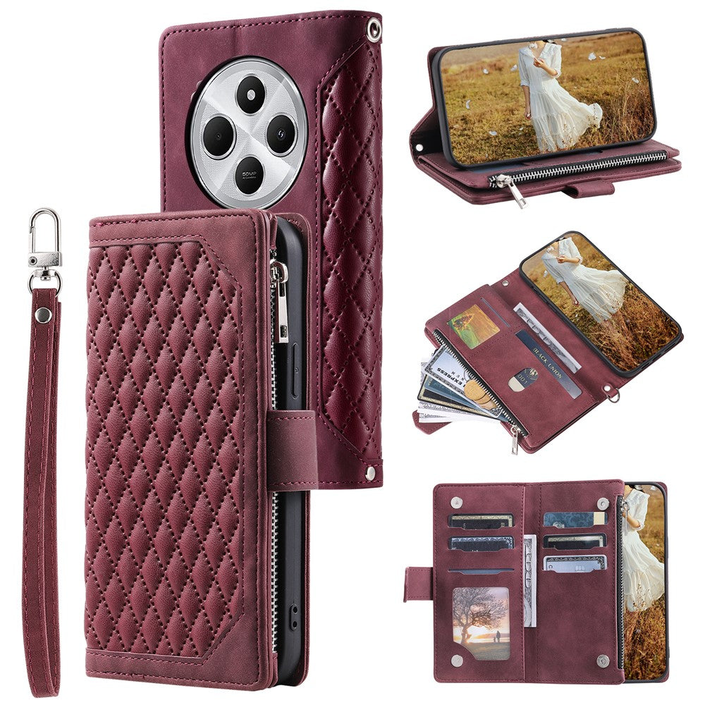 Style 005 For Xiaomi Poco C75 4G / Redmi 14R 5G / 14C 4G Zipper Wallet Case Rhombus Stitching Line PU Leather Phone Cover