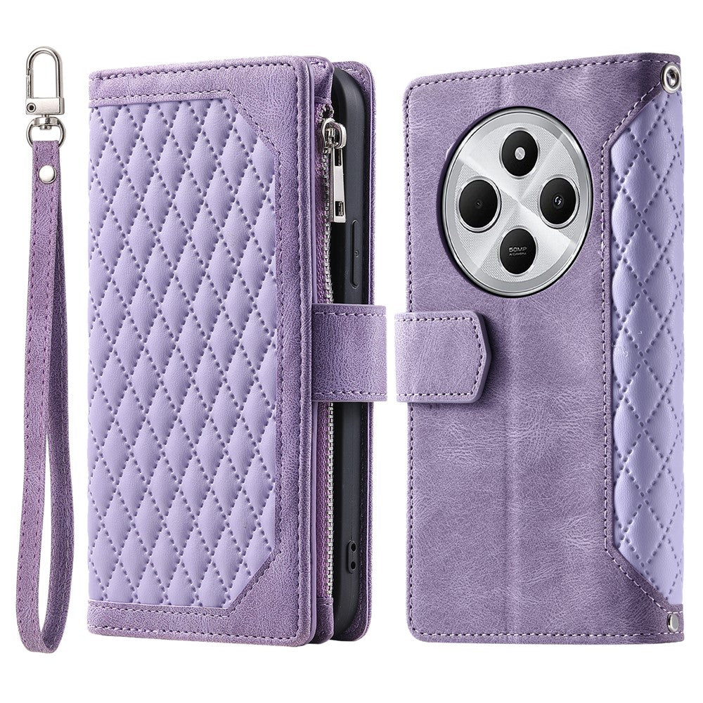 Style 005 For Xiaomi Poco C75 4G / Redmi 14R 5G / 14C 4G Zipper Wallet Case Rhombus Stitching Line PU Leather Phone Cover
