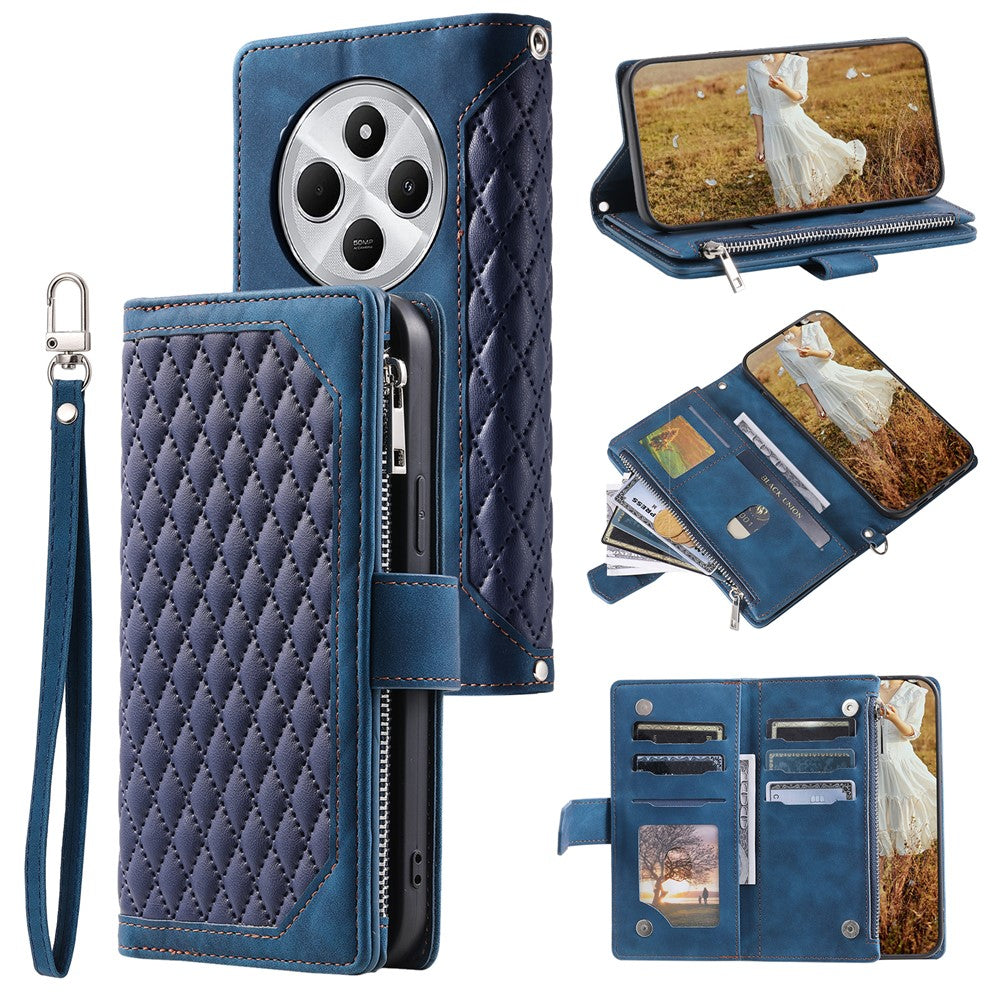 Style 005 For Xiaomi Poco C75 4G / Redmi 14R 5G / 14C 4G Zipper Wallet Case Rhombus Stitching Line PU Leather Phone Cover