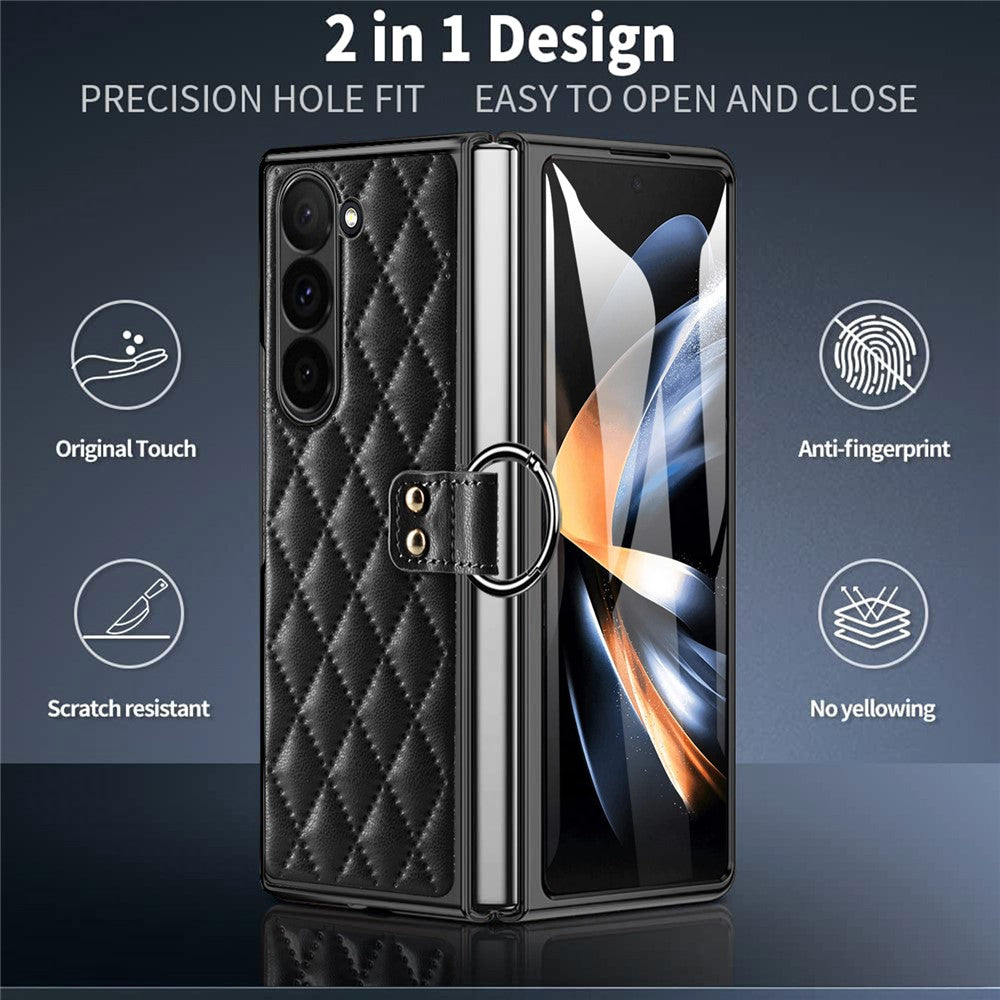 For Samsung Galaxy Z Fold6 5G Case Rhombus Grid Phone Cover with Tempered Glass Film