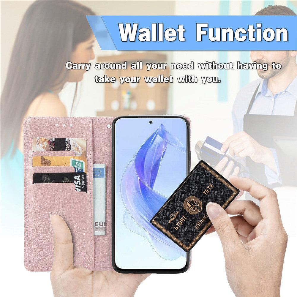 Honor 90 Lite 5G Wallet-Handyhülle – Aus geprägtem Mandala-Leder, mit Magnetverschluss & Klappverschluss