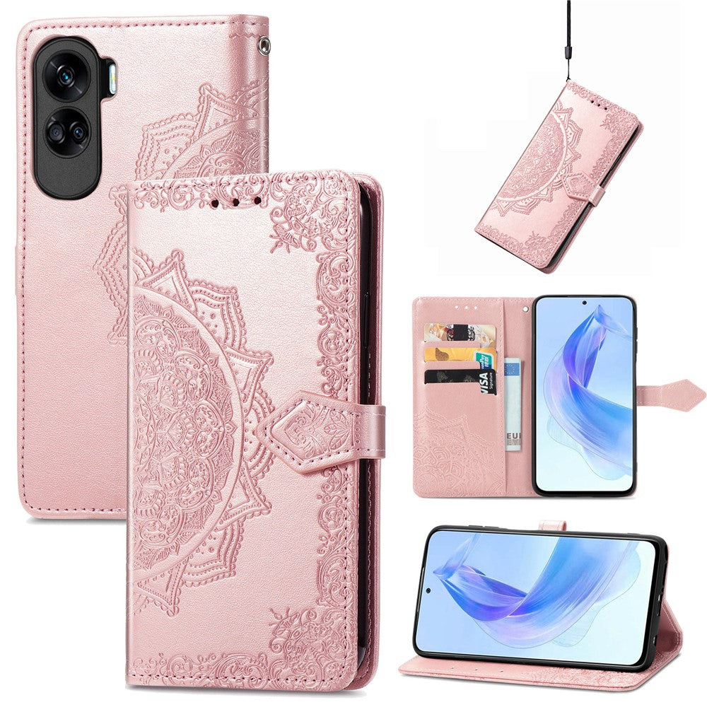 Honor 90 Lite 5G Wallet-Handyhülle – Aus geprägtem Mandala-Leder, mit Magnetverschluss & Klappverschluss