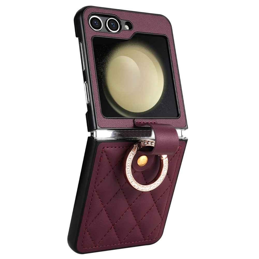 CSJ-P2 For Samsung Galaxy Z Flip7 FE 5G / Z Flip6 5G / Z Flip5 5G Case Stitching Leather Phone Cover Ring Kickstand