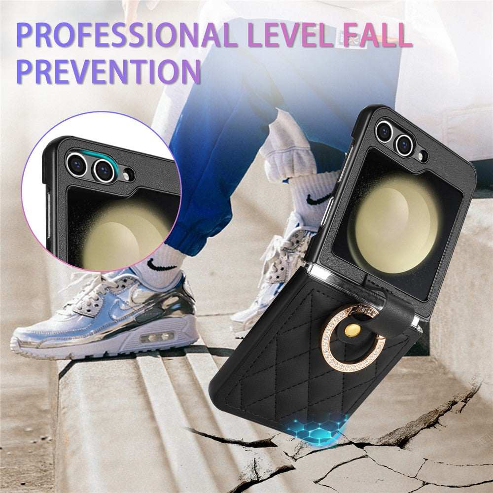 CSJ-P2 For Samsung Galaxy Z Flip7 FE 5G / Z Flip6 5G / Z Flip5 5G Case Stitching Leather Phone Cover Ring Kickstand