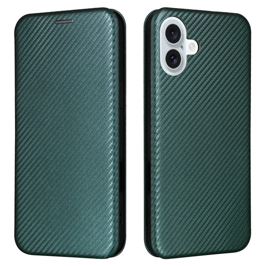 For iPhone 16 Plus Case PU Leather Carbon Fiber Texture Phone Cover with Card Holder