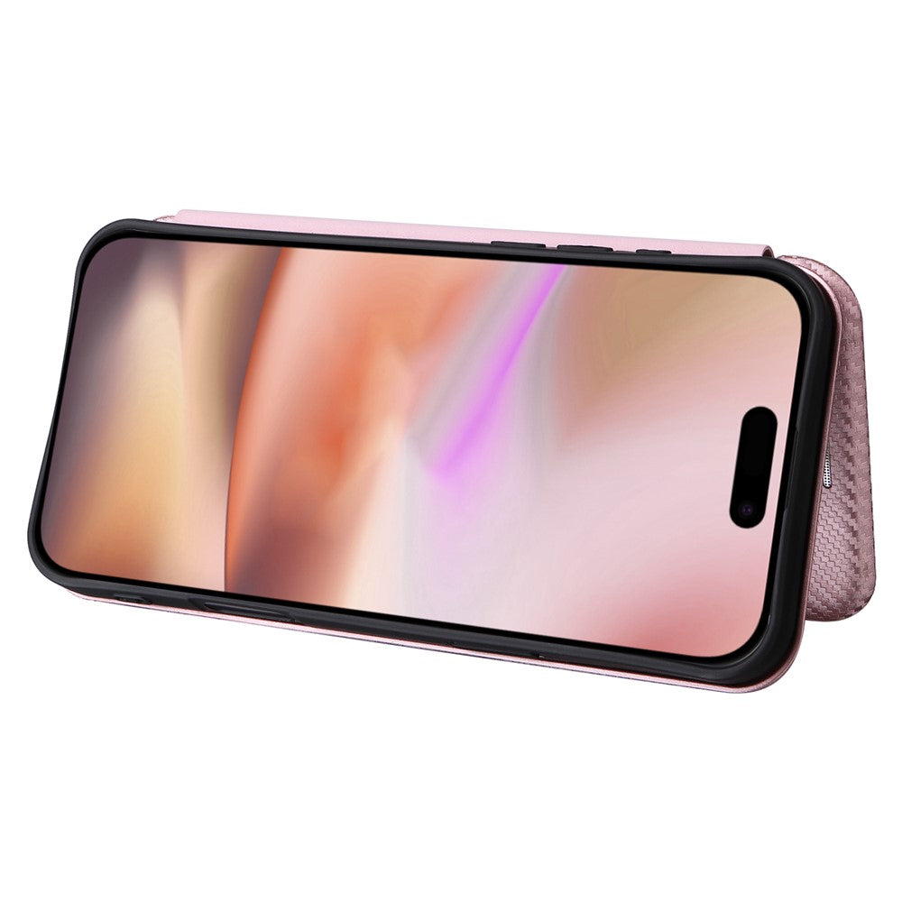 For iPhone 16 Plus Case PU Leather Carbon Fiber Texture Phone Cover with Card Holder